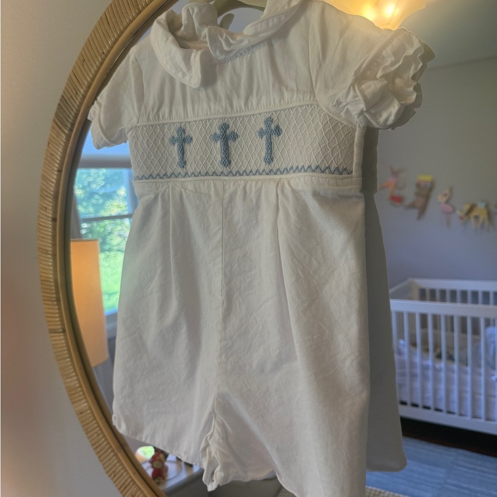 White Baby Romper with Blue Cross Smocking for Christening or Easter